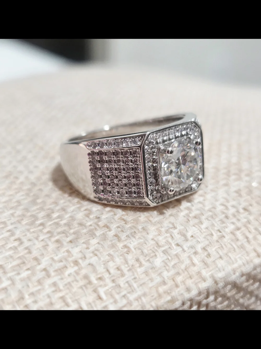 Pave Men's Statement Ring with Center Round Moissanite Stone